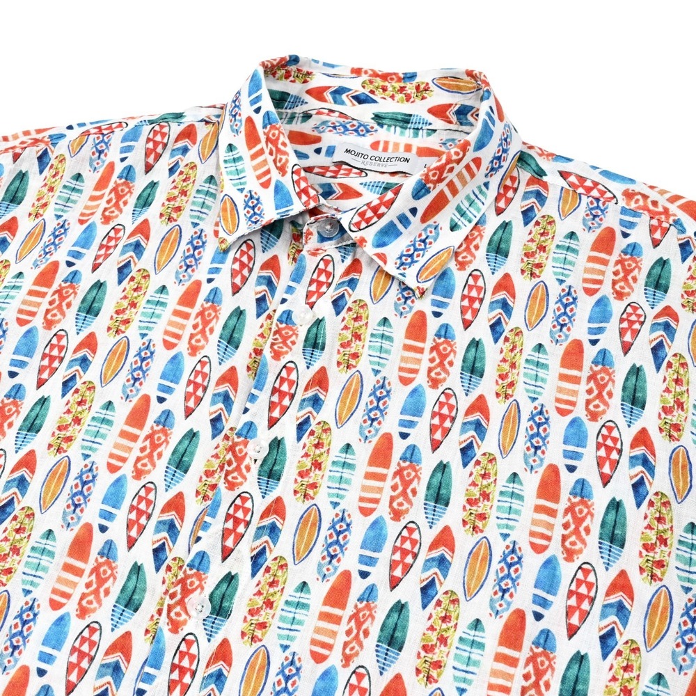 Mojito Collection Reserve Mens Linen Shirt Large Button Up Geometric Surfboards‎